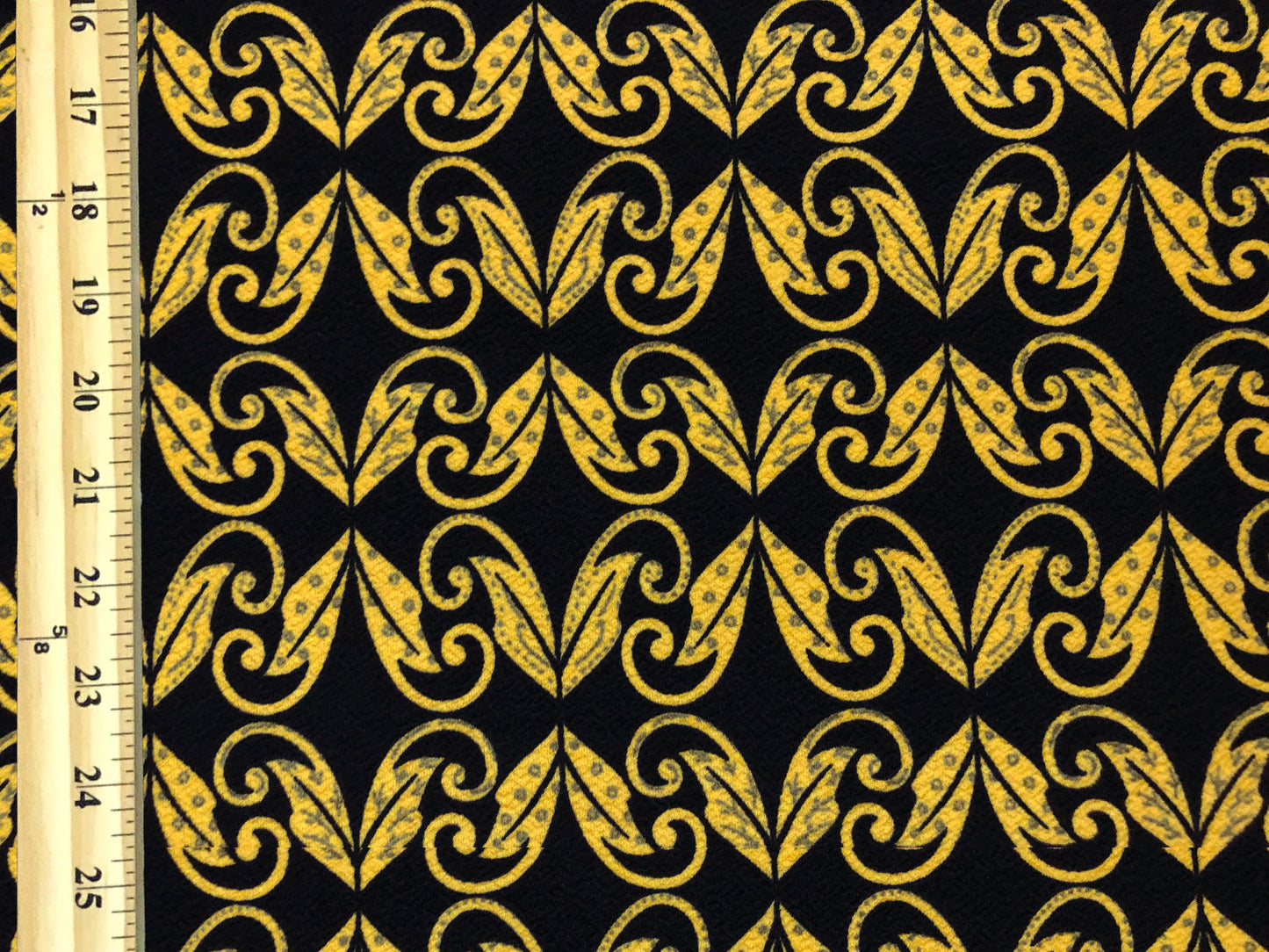 Liverpool Knit Fabric — Mustard Deco Scroll on Black — 4-Way Stretch, 56″ Wide, 200 GSM — Sold by the Yard (LVPR346)