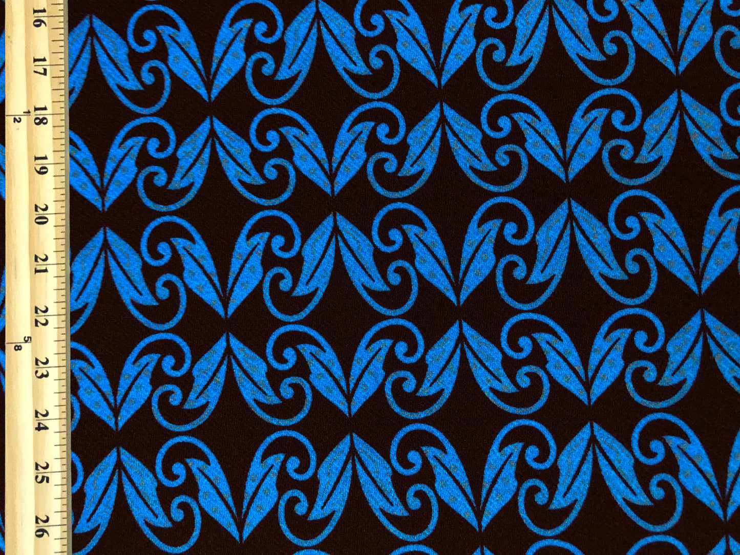 Liverpool Knit – Electric Blue Deco Scroll on Black – 4-Way Stretch, 200 GSM, 56" Wide – Sold by the Yard (LVPR345)