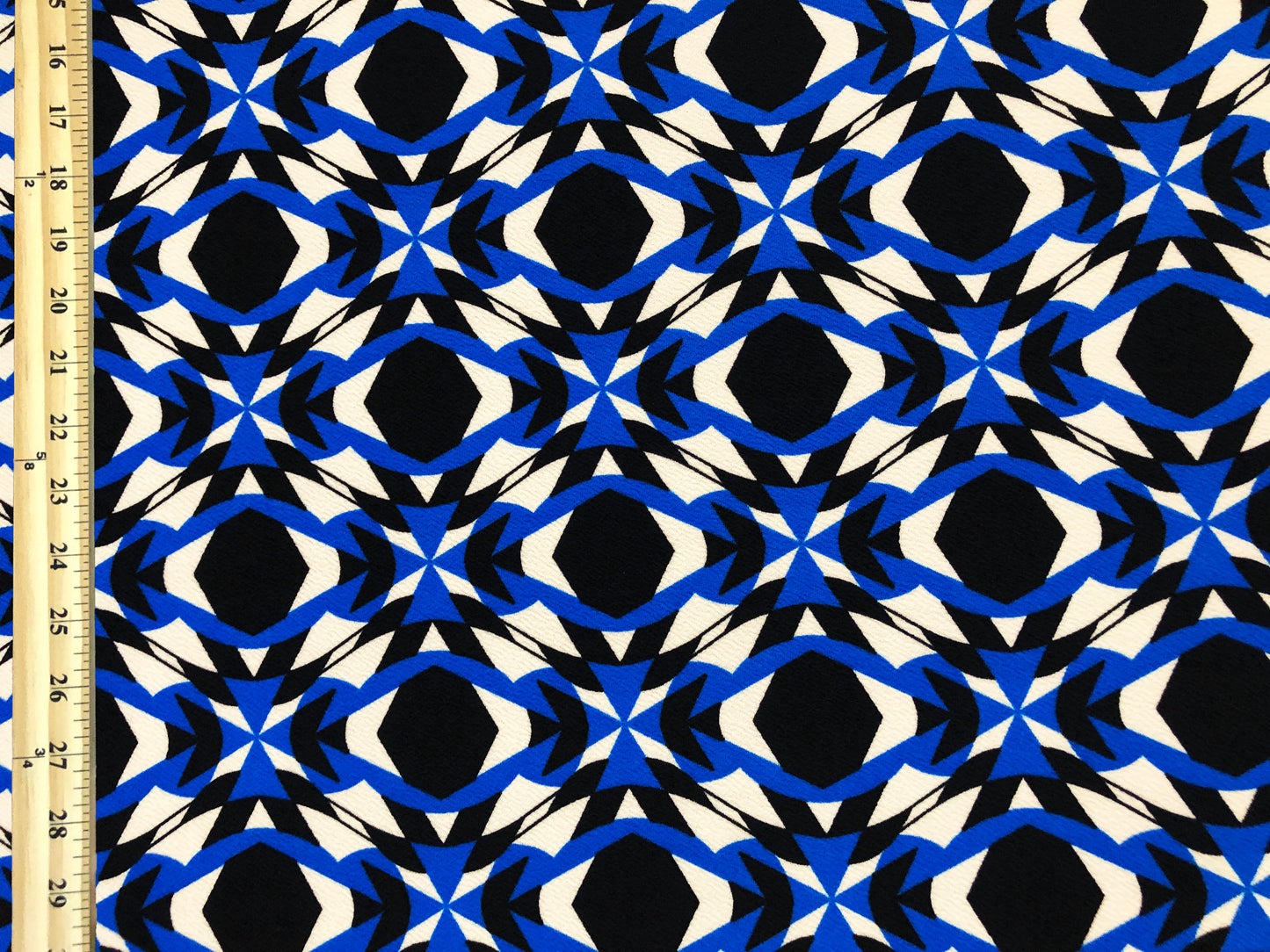 Liverpool Knit Fabric — Royal Blue, Black & White Geometric Kaleidoscope — 4-Way Stretch, 56″ Wide, 200 GSM — Sold by the Yard (LVPR347)