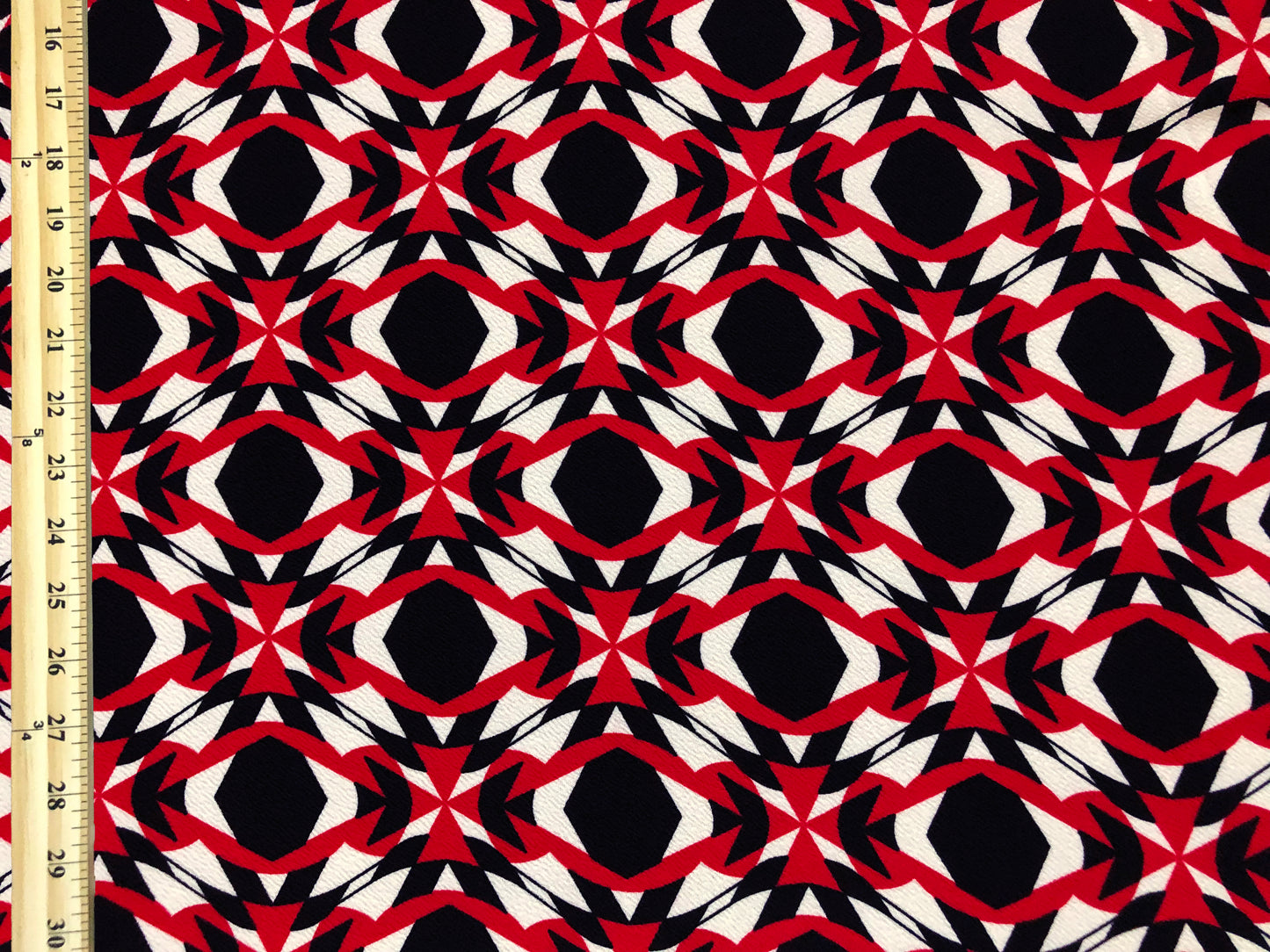 Liverpool Knit Fabric — Red, Black & White Geometric Kaleidoscope — 4-Way Stretch, 56″ Wide, 200 GSM — Sold by the Yard (LVPR348)