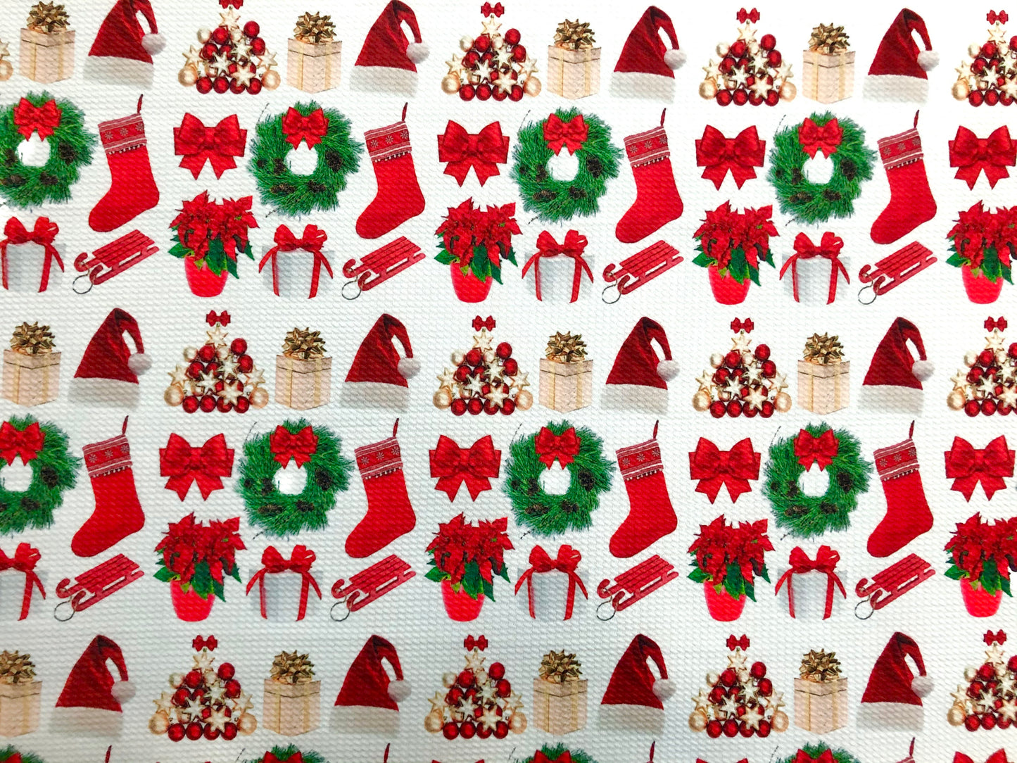 Bullet Knit Christmas Fabric – Festive Holiday Icons Print (Wreaths, Stockings & Santa Hats), 56″ Wide, Sold by the Yard (BPR188)