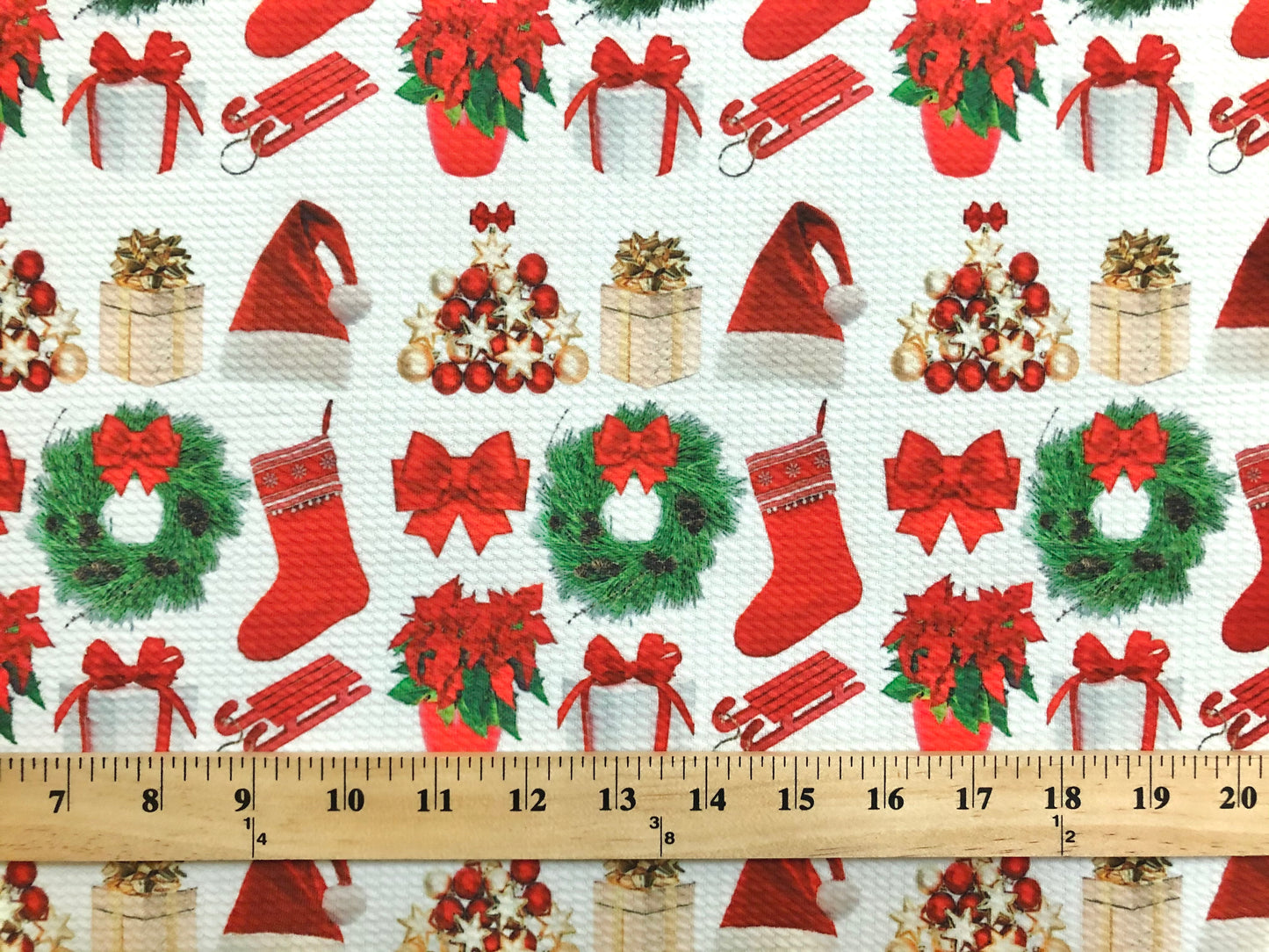 Bullet Knit Christmas Fabric – Festive Holiday Icons Print (Wreaths, Stockings & Santa Hats), 56″ Wide, Sold by the Yard (BPR188)