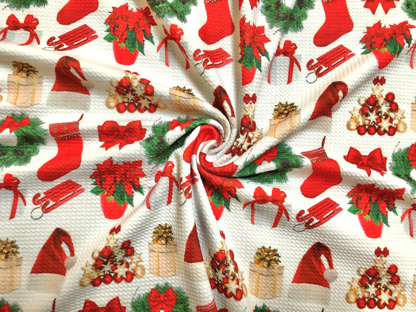 Bullet Knit Christmas Fabric – Festive Holiday Icons Print (Wreaths, Stockings & Santa Hats), 56″ Wide, Sold by the Yard (BPR188)