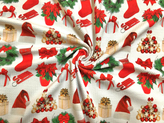 Bullet Knit Christmas Fabric – Festive Holiday Icons Print (Wreaths, Stockings & Santa Hats), 56″ Wide, Sold by the Yard (BPR188)