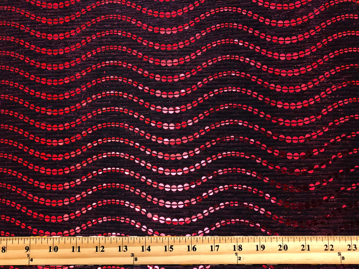 Red Sequin on Black Mesh Fabric | 52" Wide Non-Stretch Metallic Polyester – Sold by the Yard (MHCSQ04)