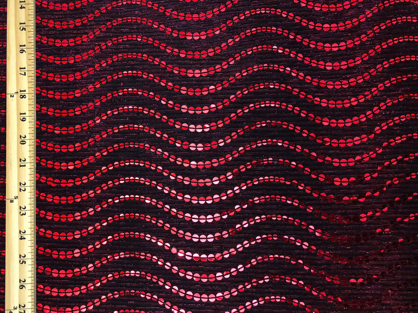 Red Sequin on Black Mesh Fabric | 52" Wide Non-Stretch Metallic Polyester – Sold by the Yard (MHCSQ04)