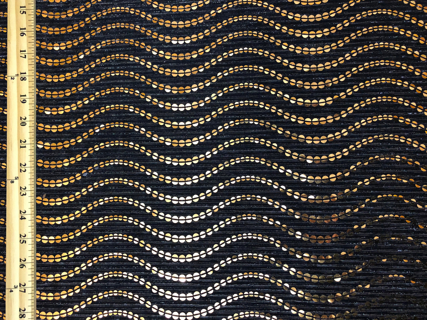Gold Sequin on Black Mesh Fabric | 52" Wide Non-Stretch Metallic Polyester – Sold by the Yard (MHCSQ06)