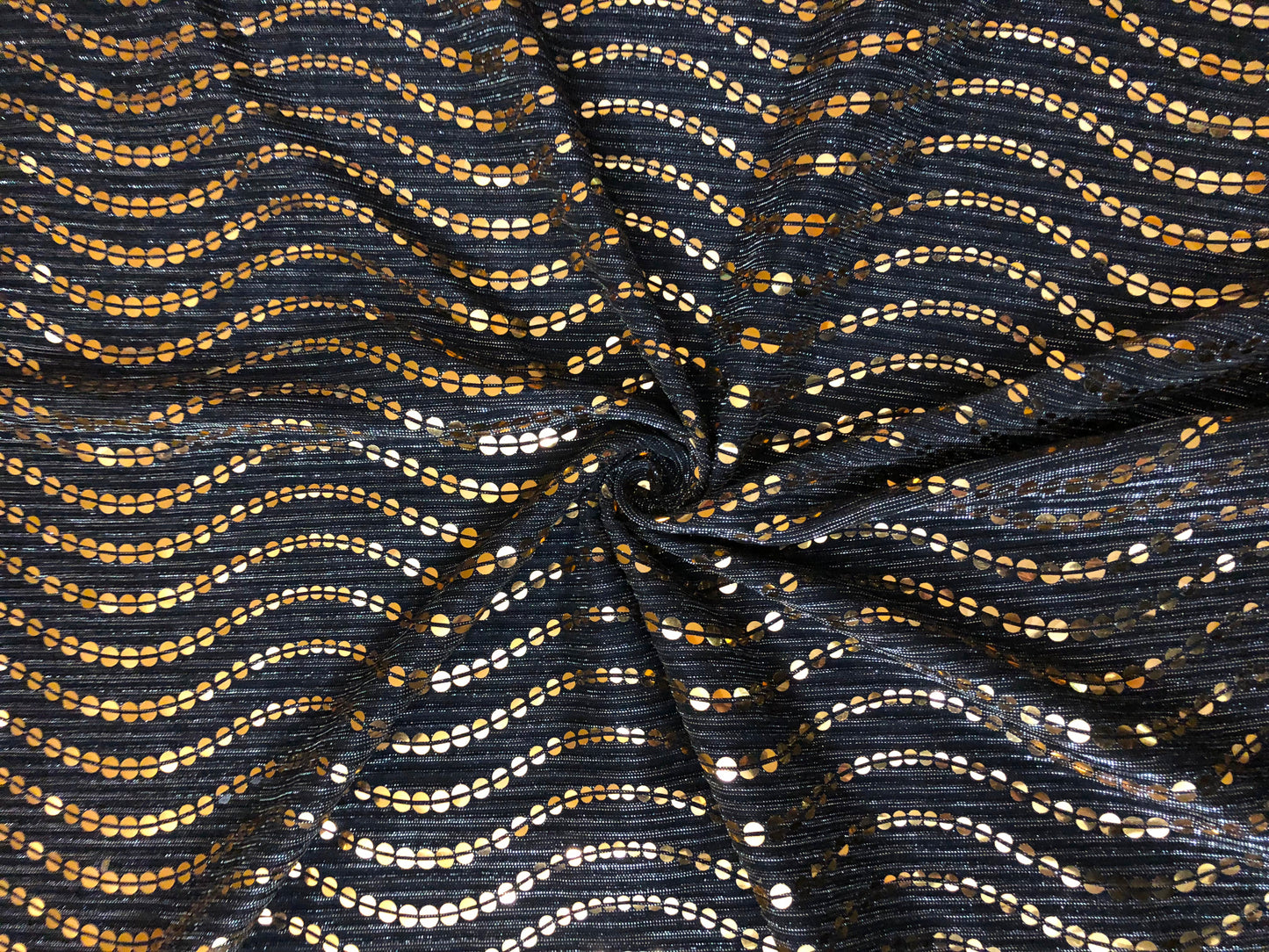 Gold Sequin on Black Mesh Fabric | 52" Wide Non-Stretch Metallic Polyester – Sold by the Yard (MHCSQ06)