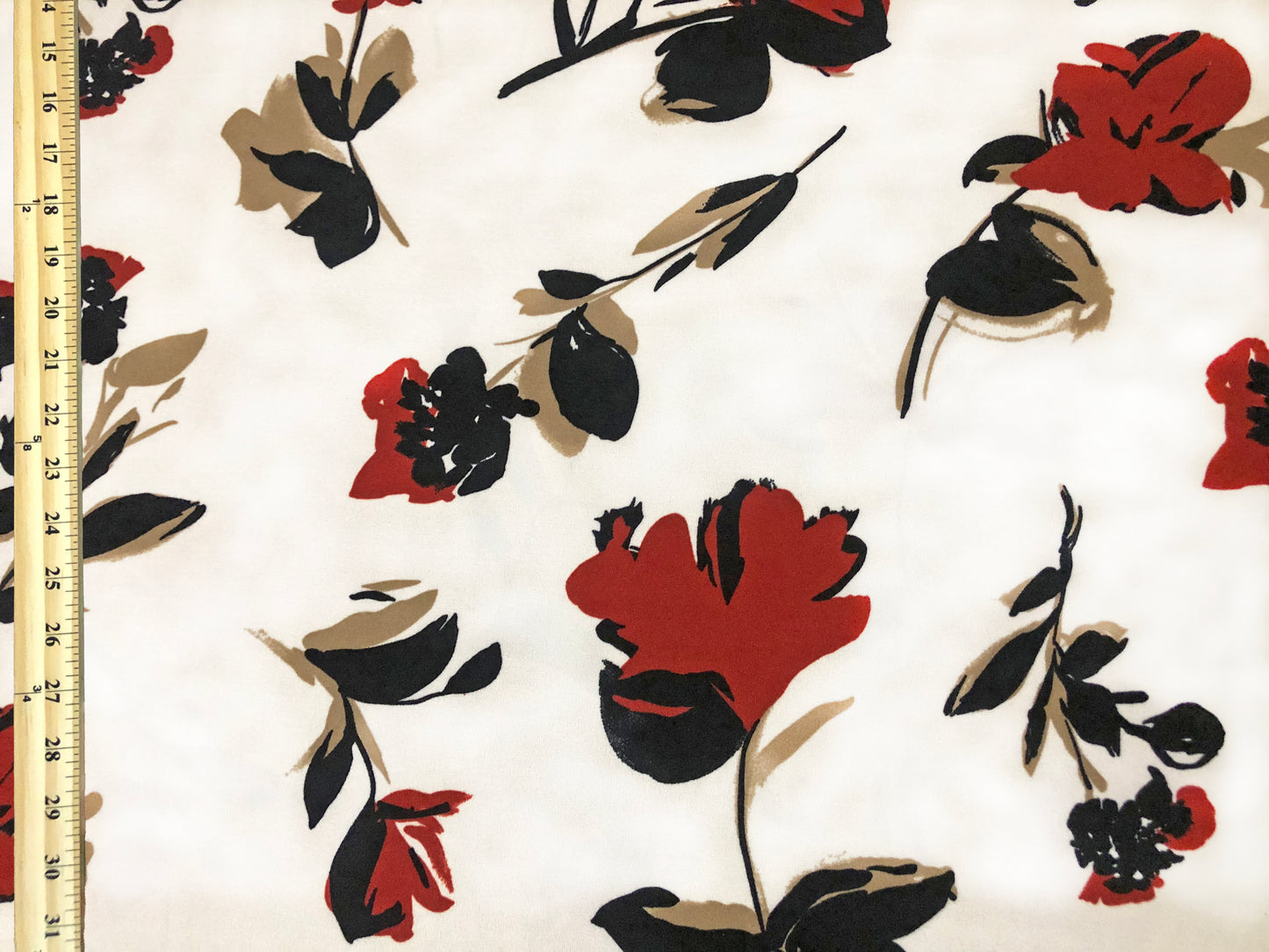 Techno Crepe Knit – Ivory with Brick Red, Black & Taupe Florals, 4-Way Stretch, 56" Wide, 240 GSM - By the Yard (TCRP056)