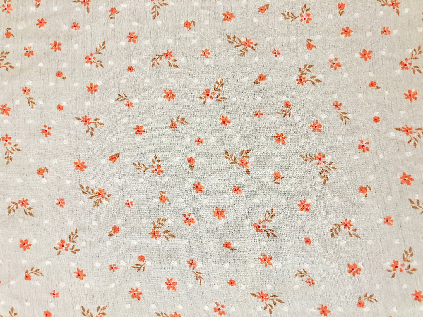Ivory Swiss Dot Rayon Gauze with Orange Ditsy Florals & Brown Sprigs — 100% Rayon, 52″ Wide — Fabric by the Yard (RGZPR011)