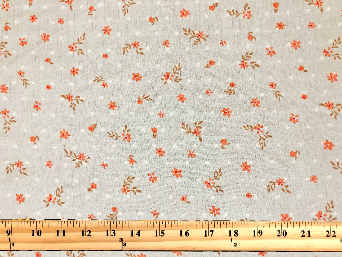 Ivory Swiss Dot Rayon Gauze with Orange Ditsy Florals & Brown Sprigs — 100% Rayon, 52″ Wide — Fabric by the Yard (RGZPR011)