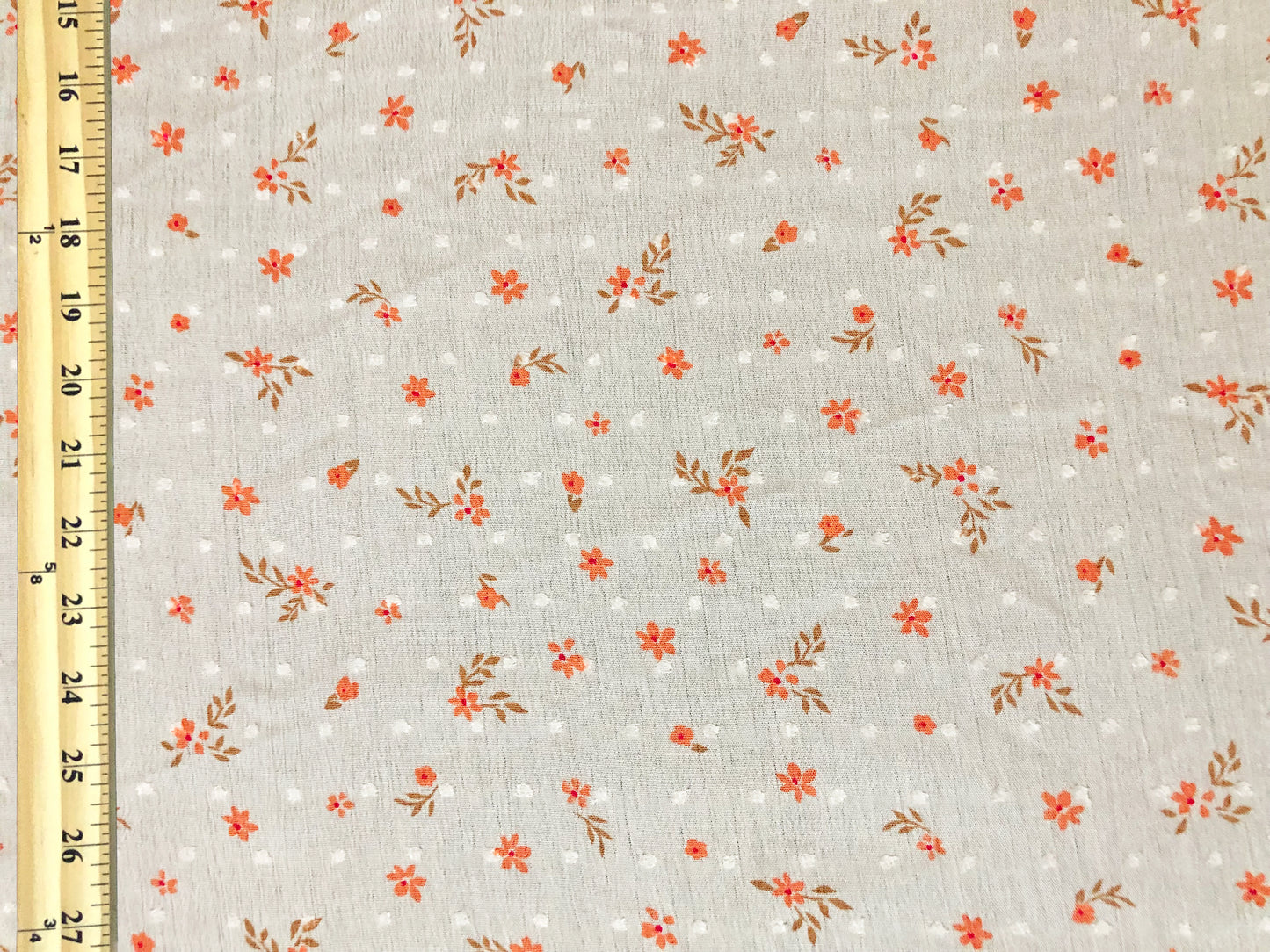 Ivory Swiss Dot Rayon Gauze with Orange Ditsy Florals & Brown Sprigs — 100% Rayon, 52″ Wide — Fabric by the Yard (RGZPR011)