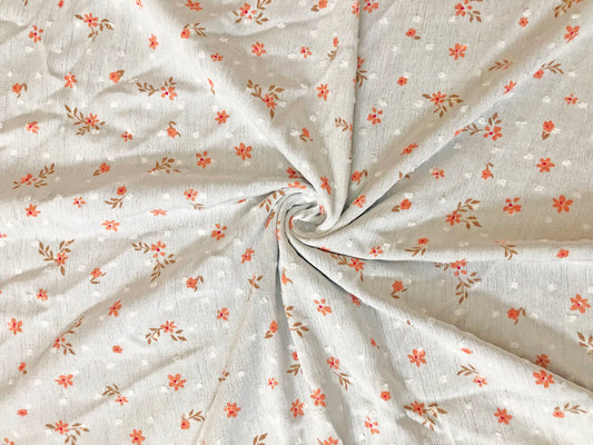 Ivory Swiss Dot Rayon Gauze with Orange Ditsy Florals & Brown Sprigs — 100% Rayon, 52″ Wide — Fabric by the Yard (RGZPR011)