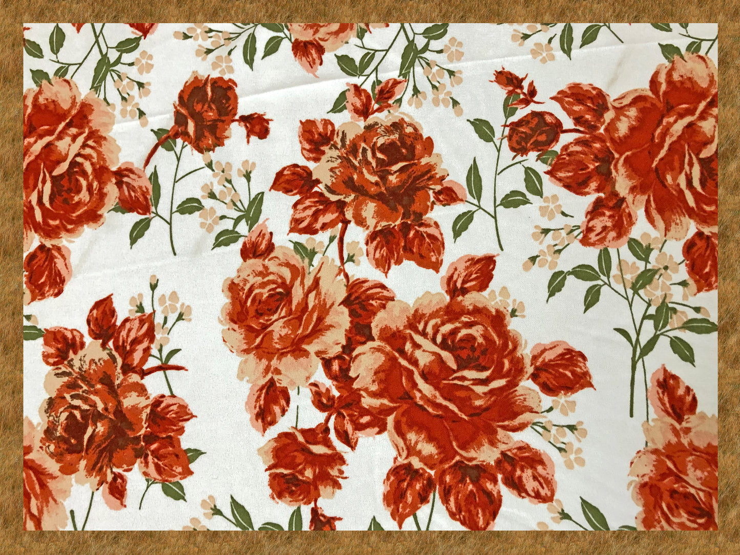 Techno Crepe Printed Fabric-Ivory Orange Roses-TCRP027-Sold by the Yard