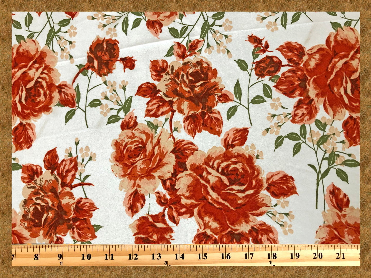Techno Crepe Printed Fabric-Ivory Orange Roses-TCRP027-Sold by the Yard