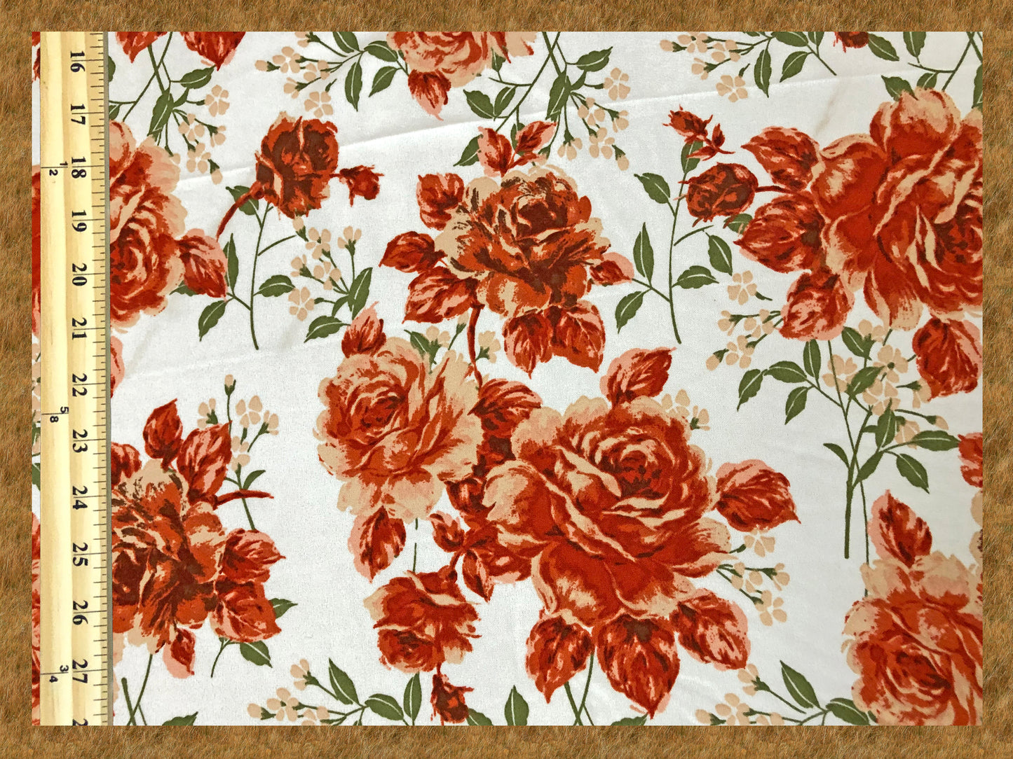 Techno Crepe Knit Fabric – Silky Drape, 4-Way Stretch, Wrinkle-Resistant, 56″, 240 GSM – White/Burnt Orange Rose Floral – Sold by the Yard (TCRP027)