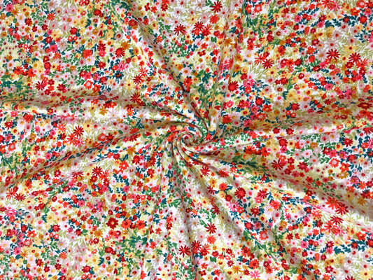 DTY Brushed Fabric| Ivory Red Green Yellow Flowers |DTYBPR537|Sold by the Yard| Jersey Fabric