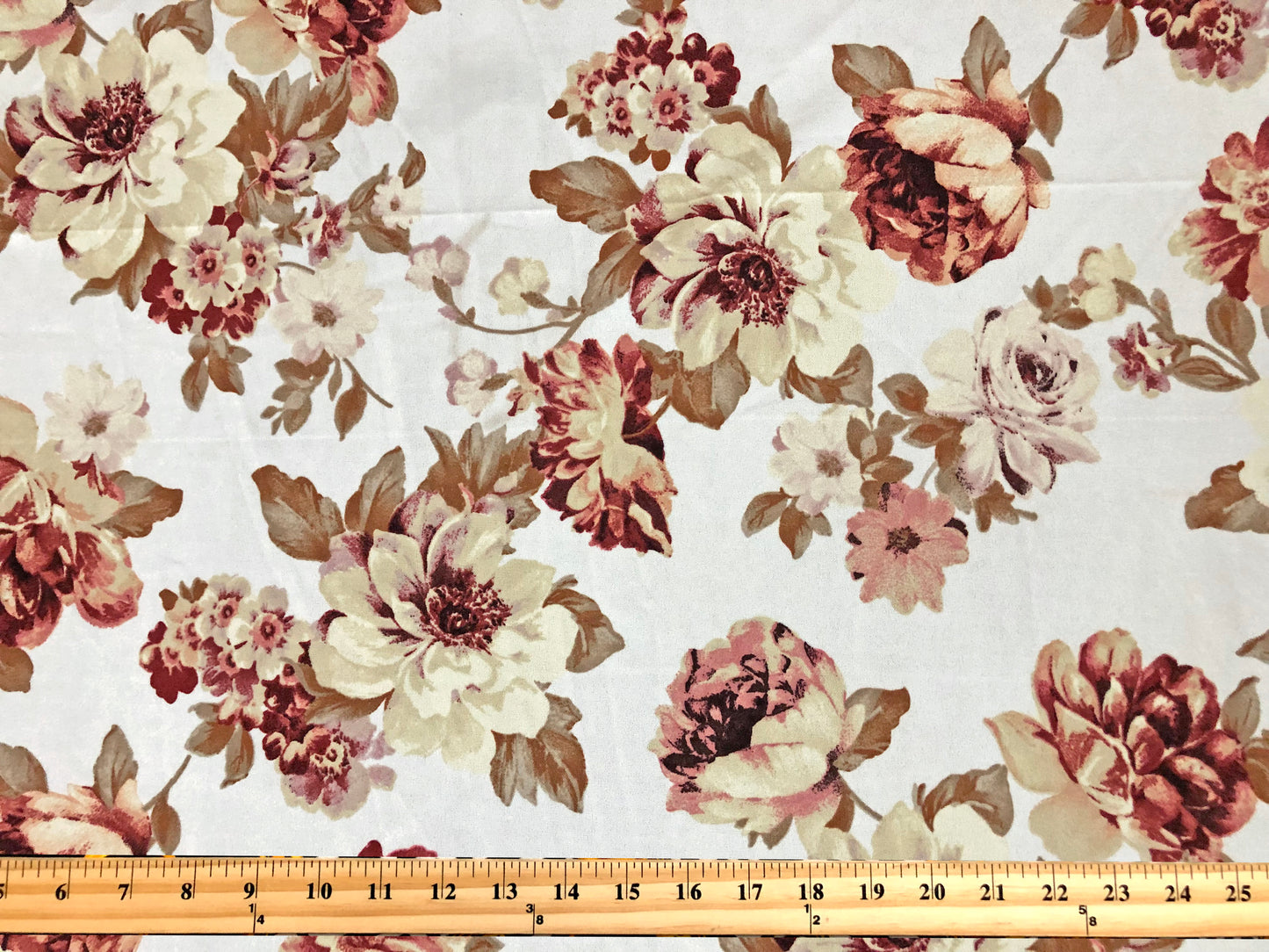 Techno Crepe Knit Fabric – Ivory with Sand, Blush & Taupe Florals, Tan Leaves – 4-Way Stretch, 56" Wide, 240 GSM – Sold by the Yard (TCRP049)