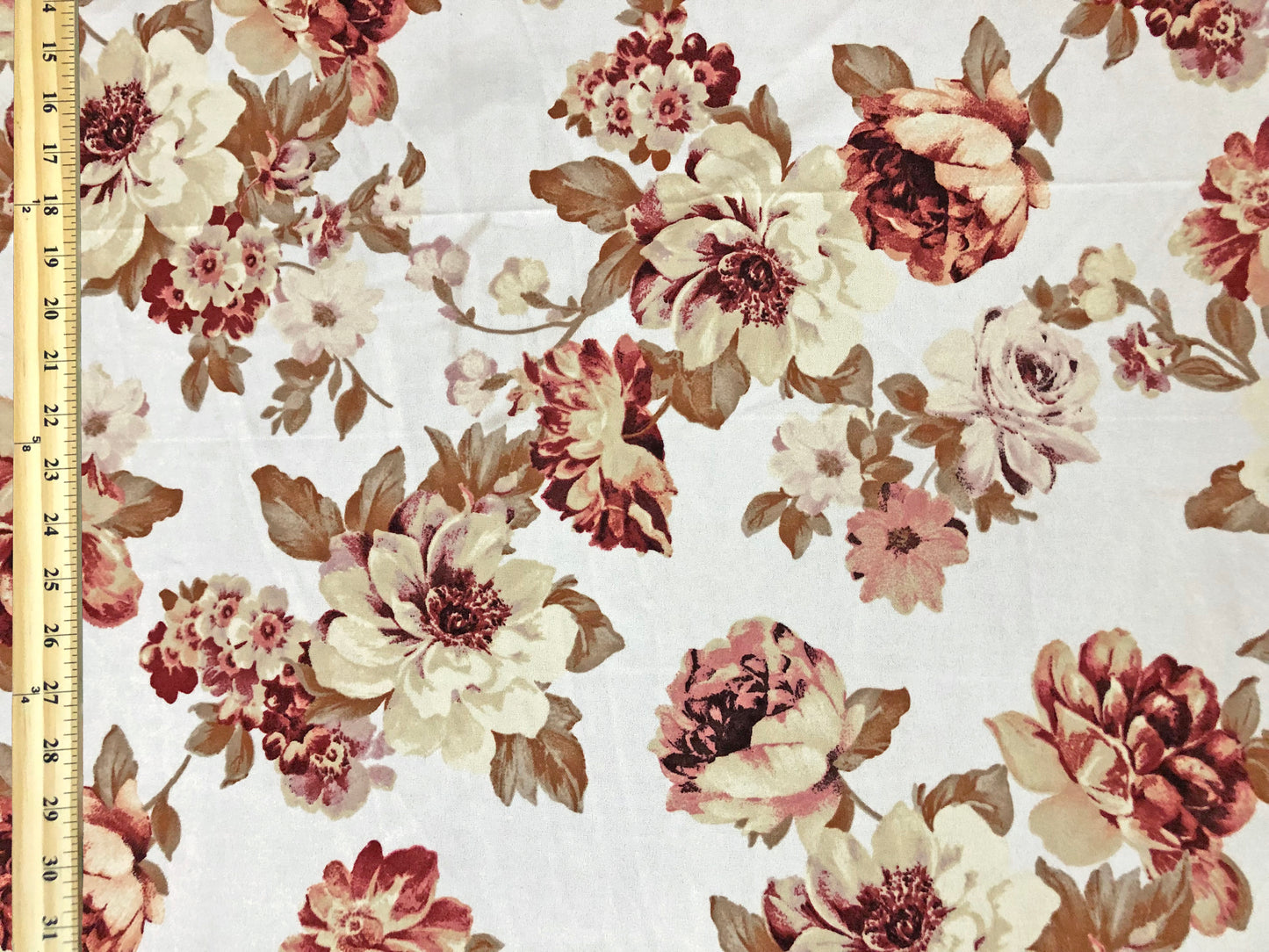Techno Crepe Knit Fabric – Ivory with Sand, Blush & Taupe Florals, Tan Leaves – 4-Way Stretch, 56" Wide, 240 GSM – Sold by the Yard (TCRP049)