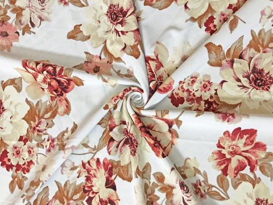 Techno Crepe Knit Fabric – Ivory with Sand, Blush & Taupe Florals, Tan Leaves – 4-Way Stretch, 56" Wide, 240 GSM – Sold by the Yard (TCRP049)