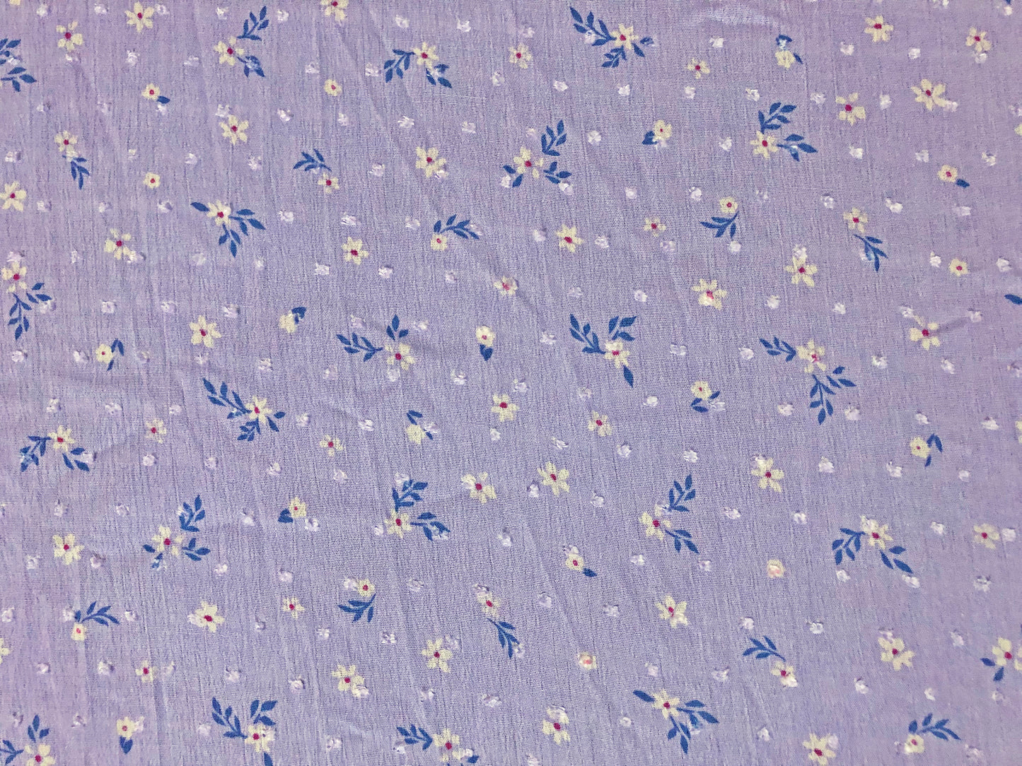 Lavender Swiss Dot Rayon Gauze with White Ditsy Florals & Blue Leaves — 100% Rayon, 52″ Wide — Fabric by the Yard (RGZPR010)