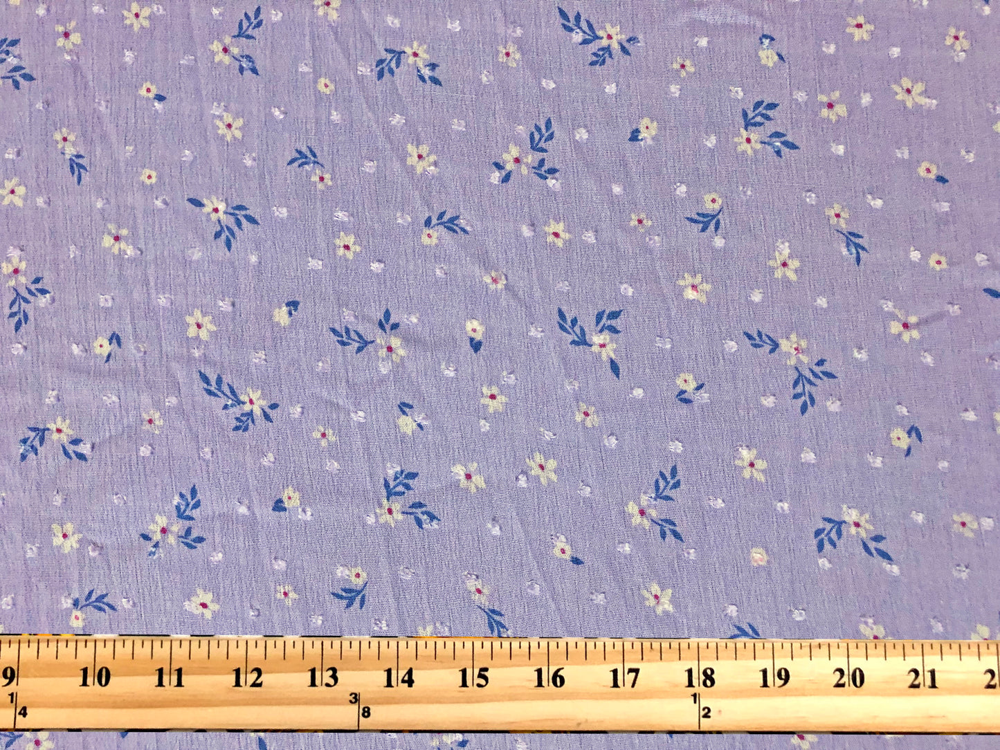 Lavender Swiss Dot Rayon Gauze with White Ditsy Florals & Blue Leaves — 100% Rayon, 52″ Wide — Fabric by the Yard (RGZPR010)