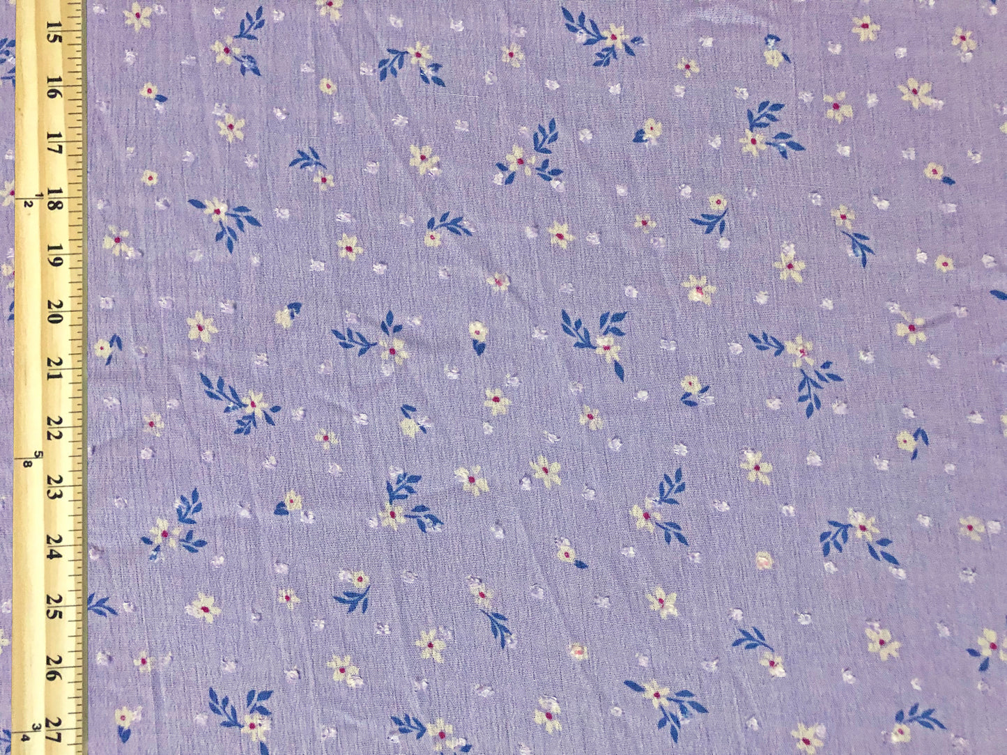 Lavender Swiss Dot Rayon Gauze with White Ditsy Florals & Blue Leaves — 100% Rayon, 52″ Wide — Fabric by the Yard (RGZPR010)