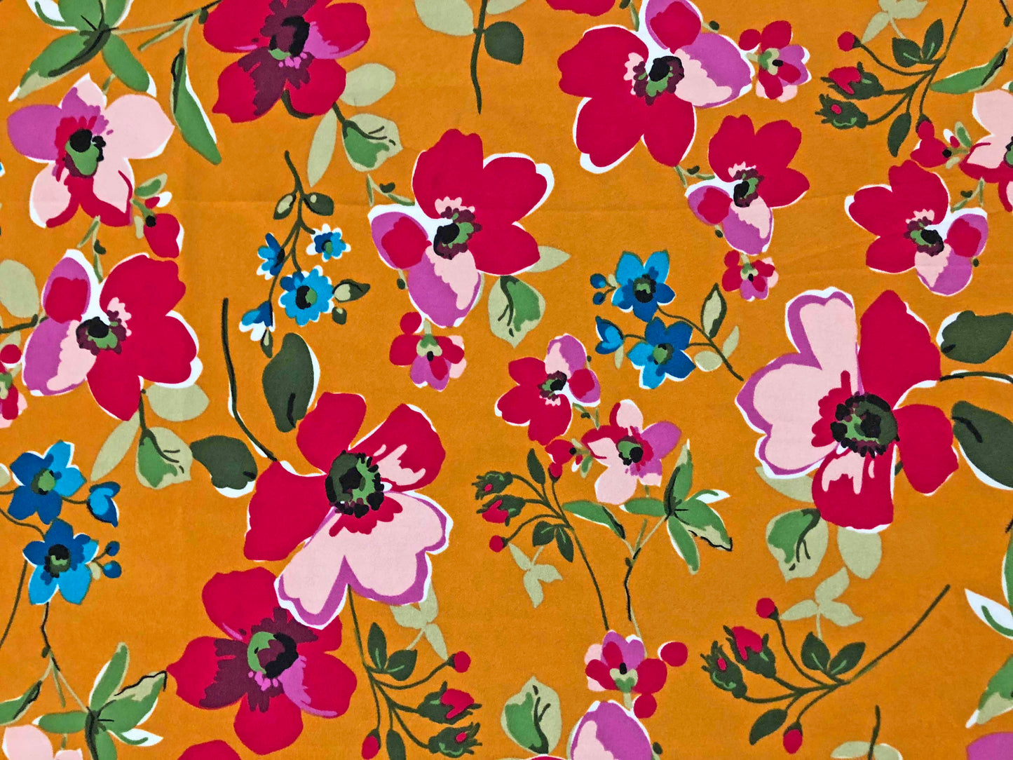 Techno Crepe Printed Fabric-Mustard Red Blue-TCRP066-Sold by the Yard