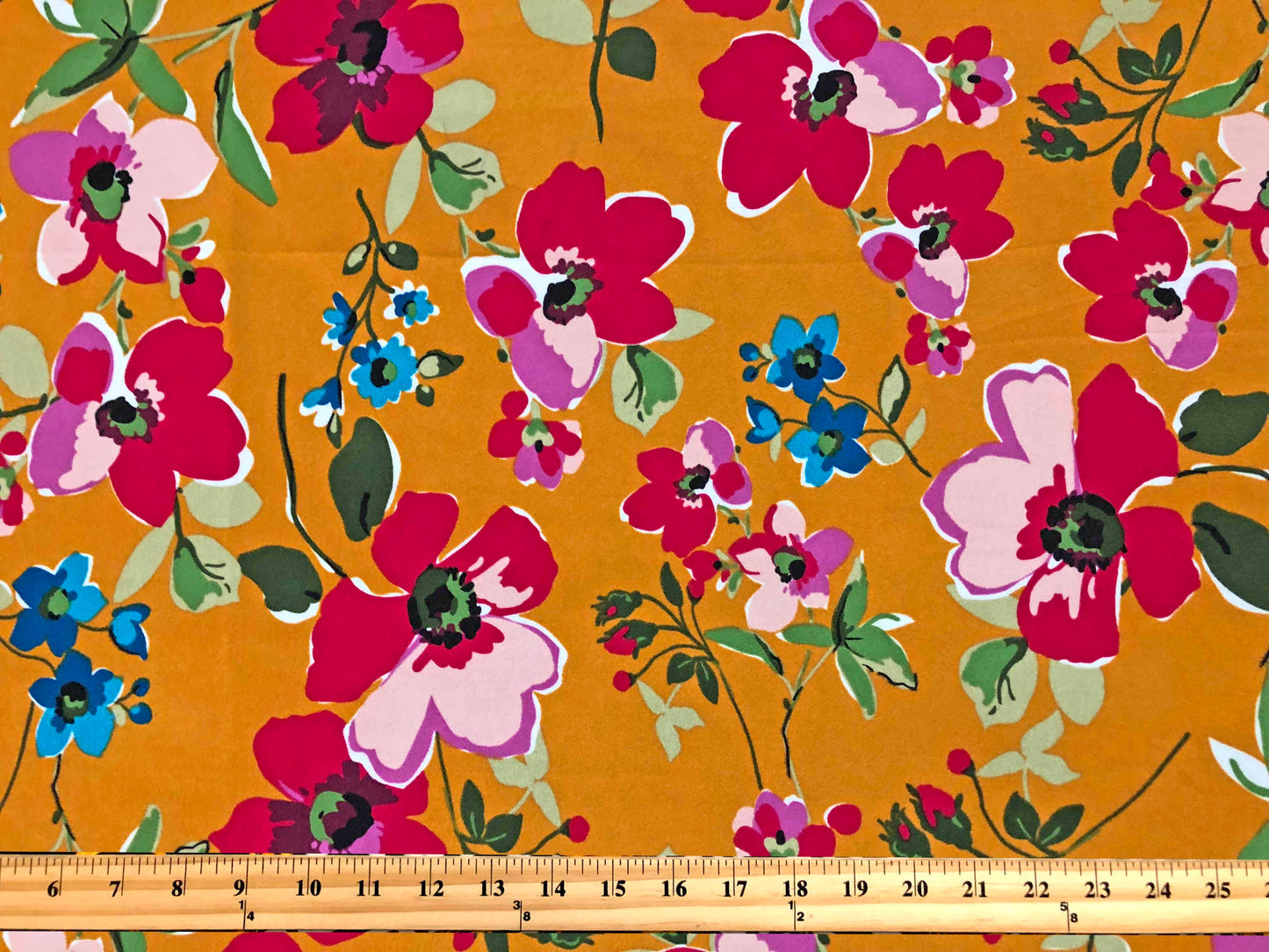 Techno Crepe Printed Fabric-Mustard Red Blue-TCRP066-Sold by the Yard