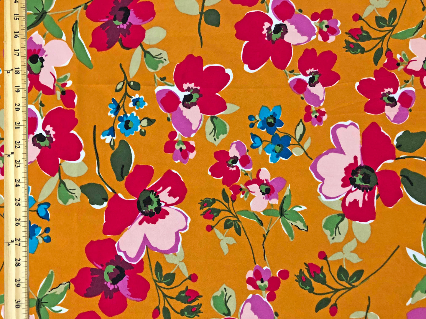 Techno Crepe Knit – Mustard with Fuchsia & Pink Florals + Teal Blossoms, 4-Way Stretch, 56" Wide, 240 GSM - By the Yard (TCRP066)
