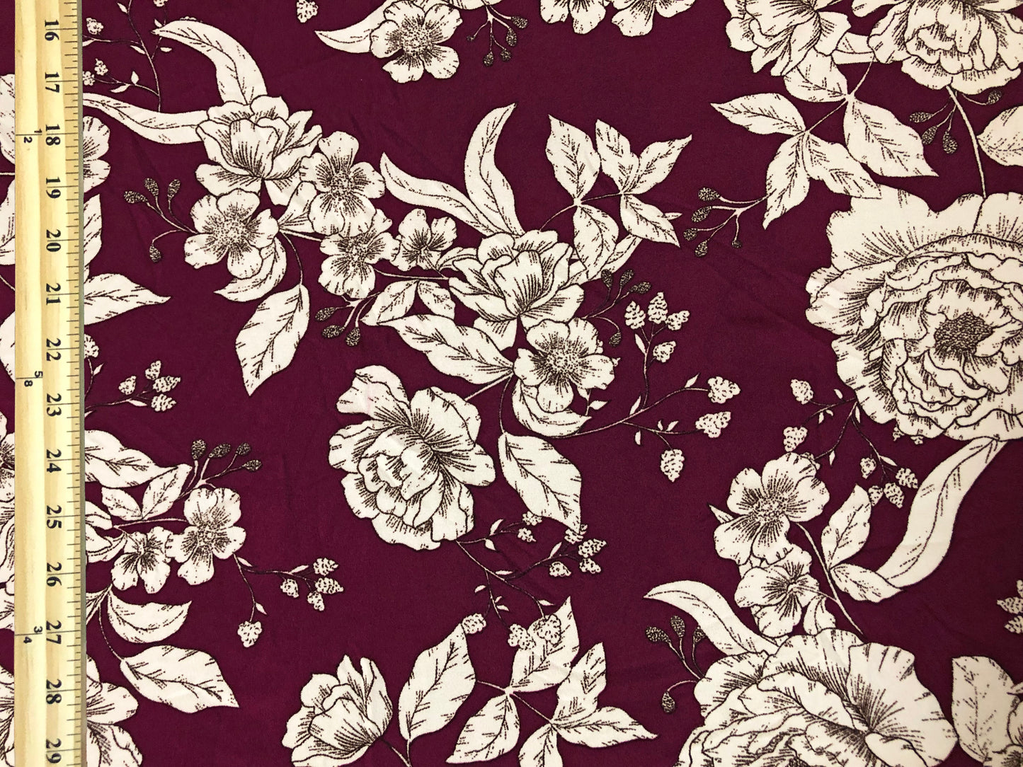 Techno Crepe Knit Fabric – Silky Drape, 4-Way Stretch, Wrinkle-Resistant, 56″, 240 GSM – Maroon & Ivory Sketch Floral – Sold by the Yard (TCRP085)