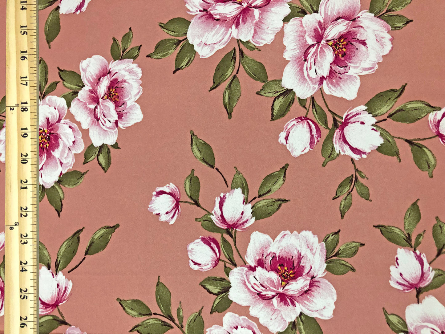 Techno Crepe Knit Fabric – Silky Drape, 4-Way Stretch, Wrinkle-Resistant, 56″ Wide, 240 GSM – Mauve/Pink/Magenta/White Floral with Green Leaves – Sold by the Yard (TCRP017)