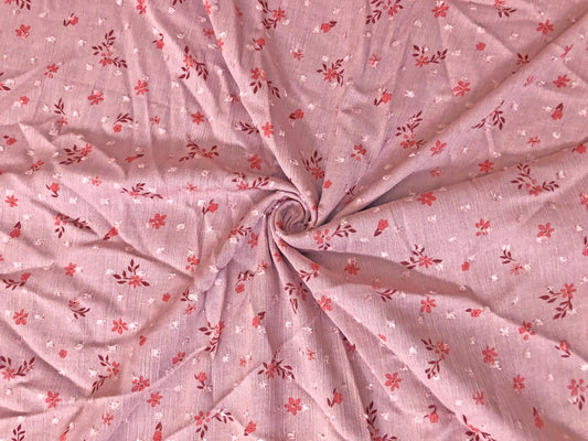 Intense Pink Swiss Dot Rayon Gauze with Red/Coral Ditsy Florals — 100% Rayon, 52″ Wide — Fabric by the Yard (RGZPR09)