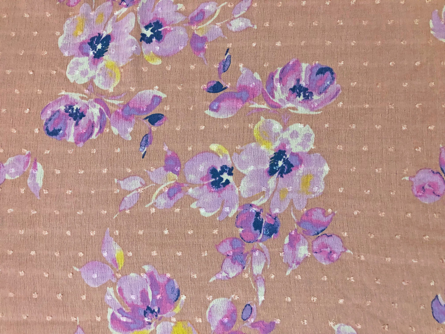Melon Swiss Dot Rayon Gauze with Lilac & Purple Watercolor Florals — 100% Rayon, 52″ Wide — Fabric by the Yard (RGZPR06)