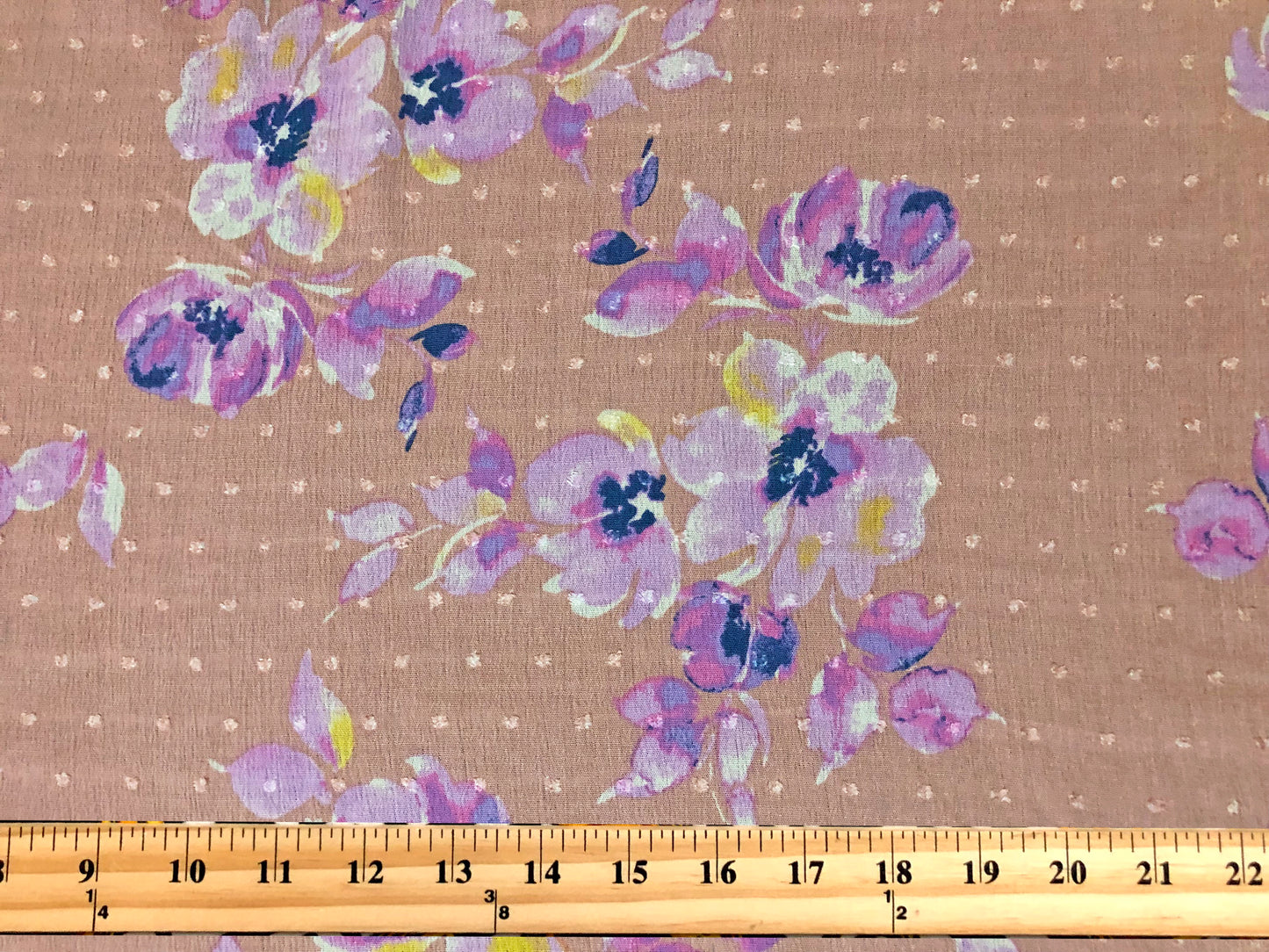 Melon Swiss Dot Rayon Gauze with Lilac & Purple Watercolor Florals — 100% Rayon, 52″ Wide — Fabric by the Yard (RGZPR06)