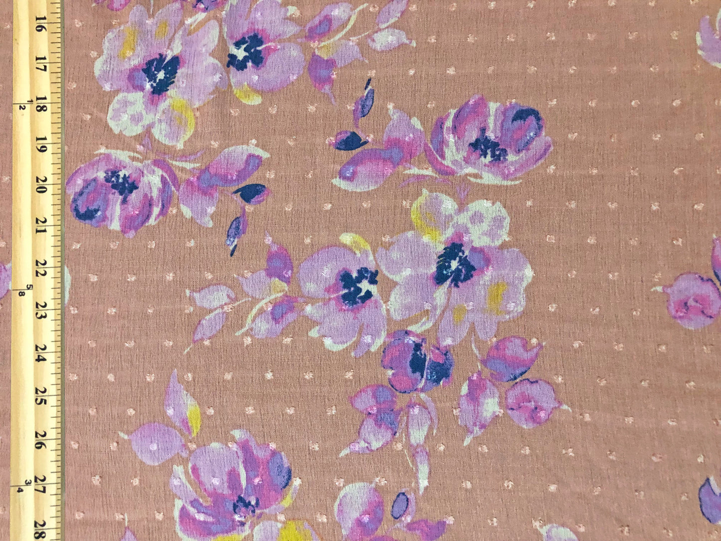 Melon Swiss Dot Rayon Gauze with Lilac & Purple Watercolor Florals — 100% Rayon, 52″ Wide — Fabric by the Yard (RGZPR06)
