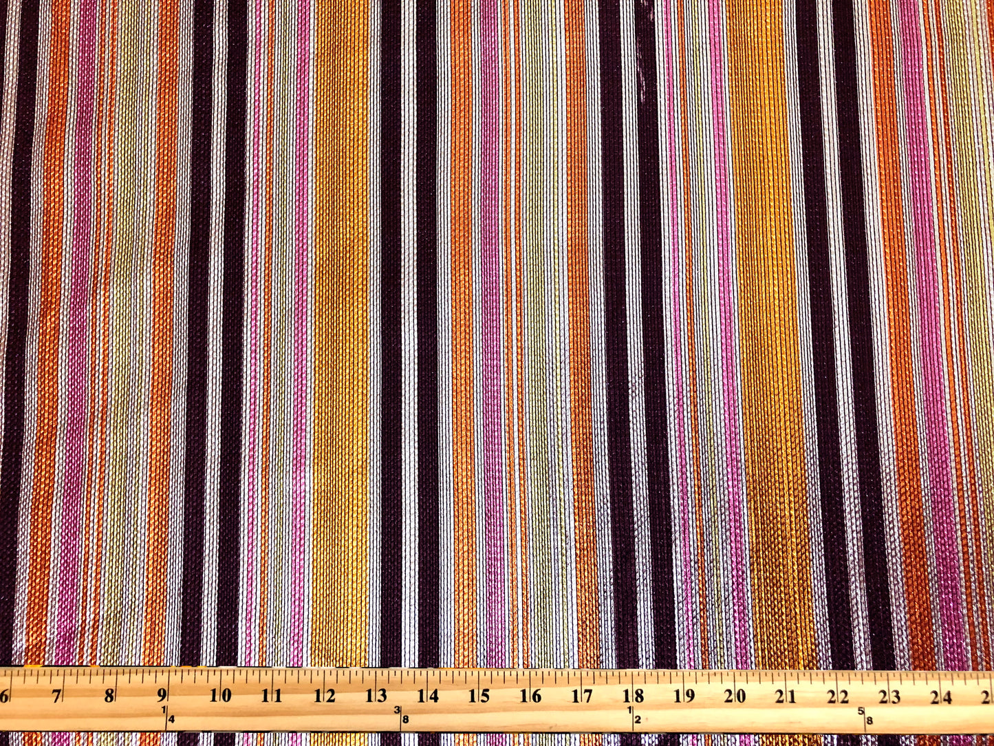 Bullet Knit Fabric – Metallic Sunset Stripes (Orange/Pink/Gold/Brown) – 4-Way Stretch, 54" Wide, 220 GSM, Sold by the Yard (BPR277)