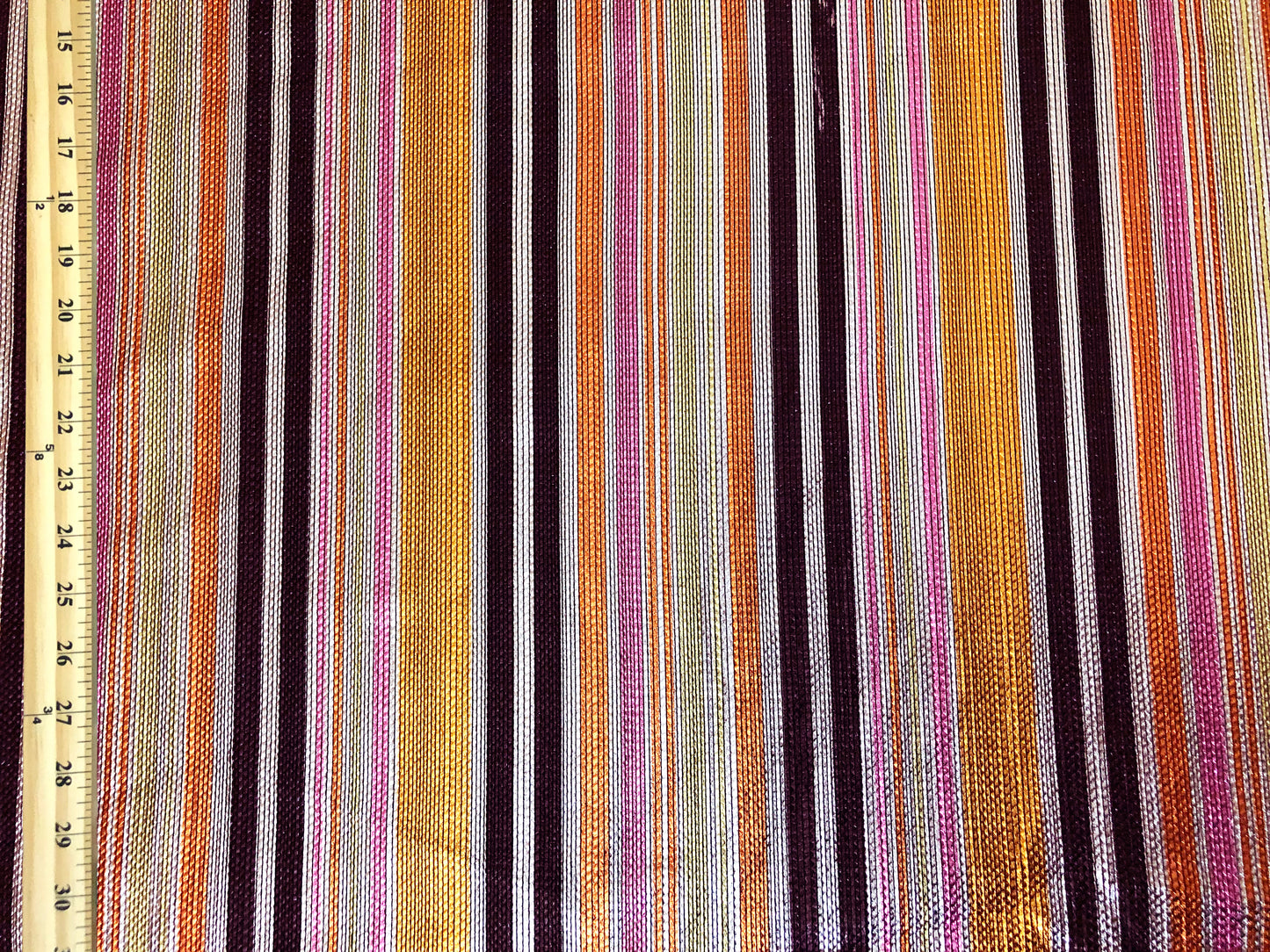 Bullet Knit Fabric – Metallic Sunset Stripes (Orange/Pink/Gold/Brown) – 4-Way Stretch, 54" Wide, 220 GSM, Sold by the Yard (BPR277)