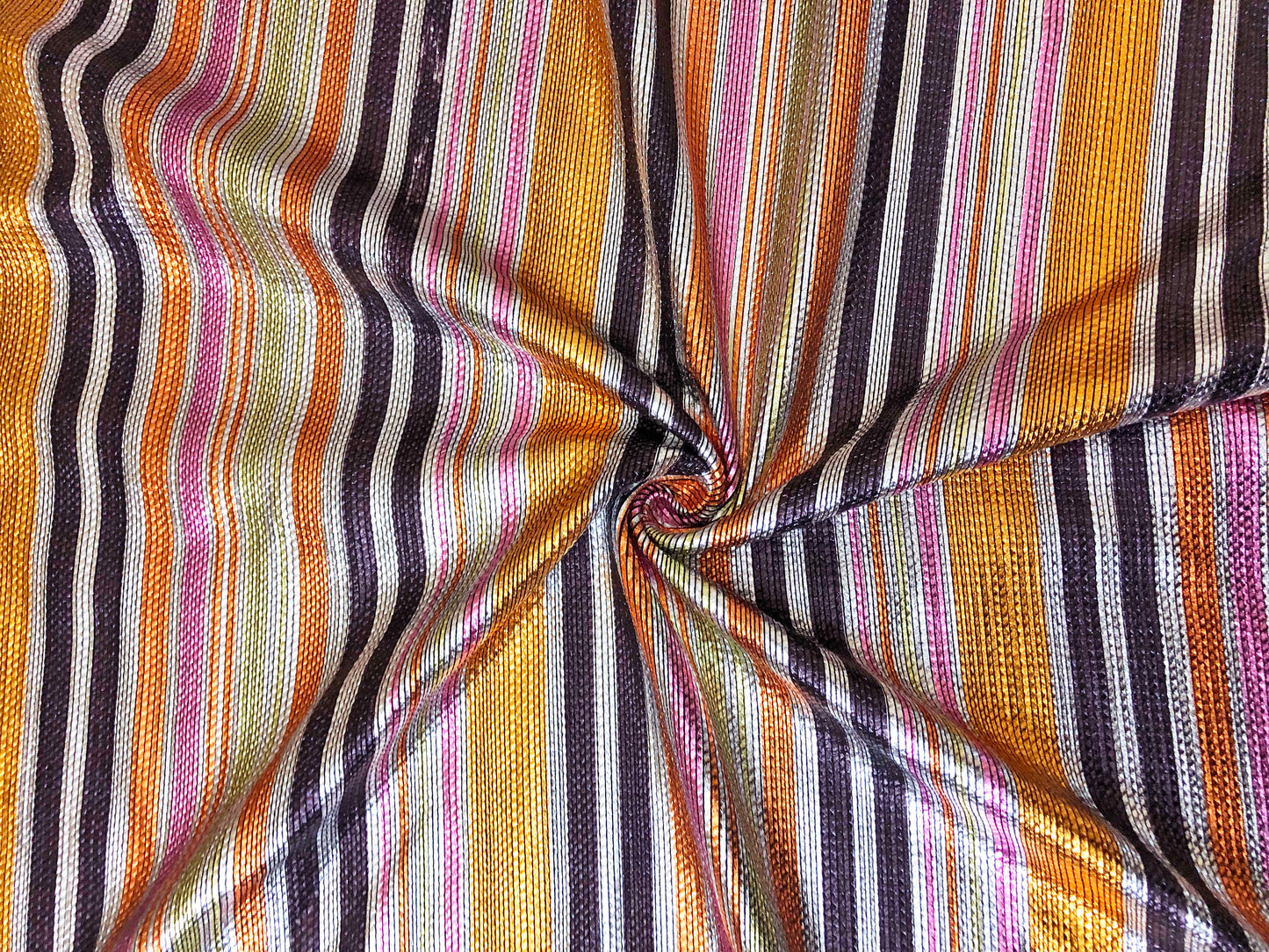 Bullet Knit Fabric – Metallic Sunset Stripes (Orange/Pink/Gold/Brown) – 4-Way Stretch, 54" Wide, 220 GSM, Sold by the Yard (BPR277)