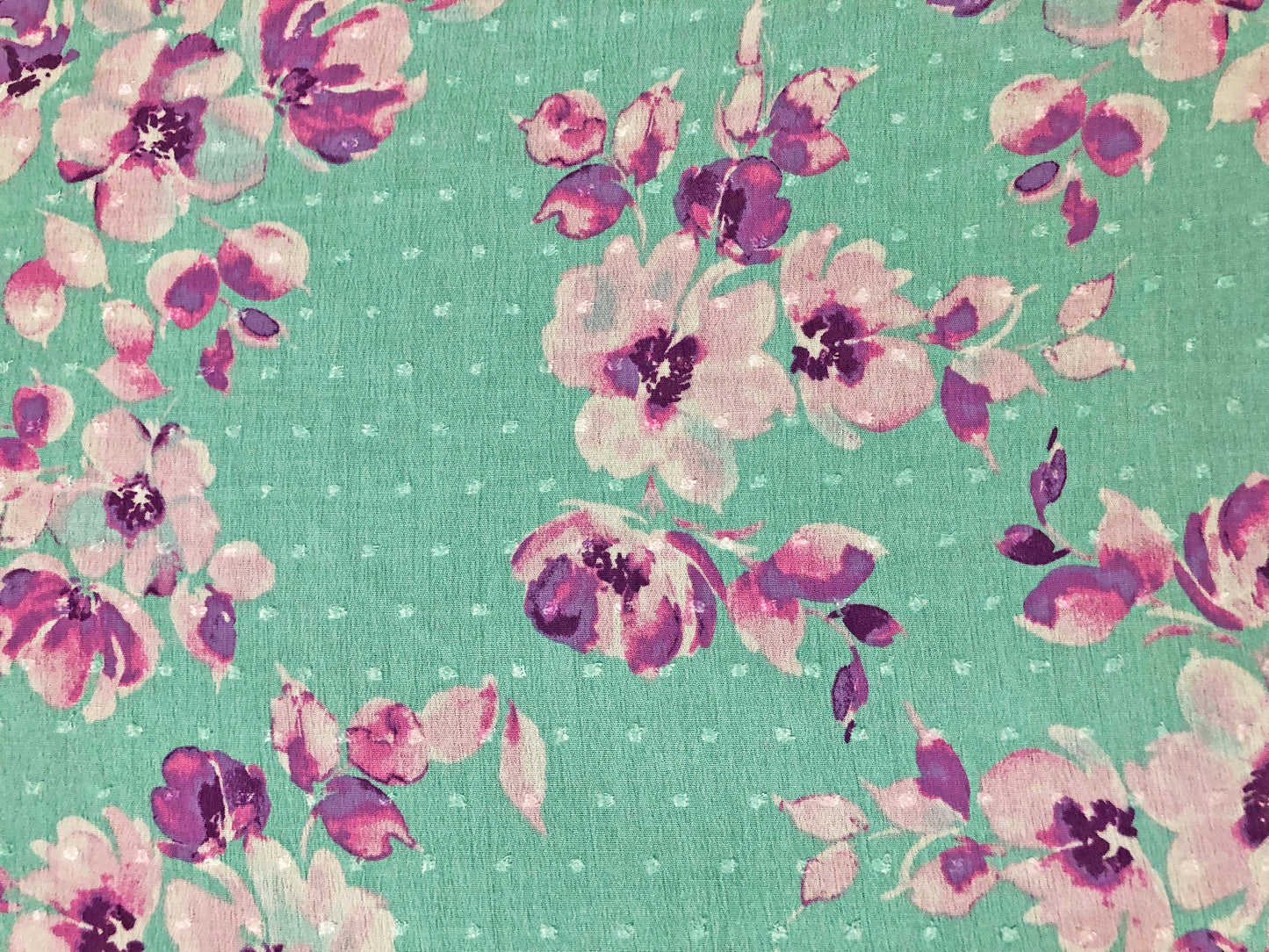 Mint Swiss Dot Rayon Gauze with Purple/Pink Watercolor Florals — 100% Rayon, 52″ Wide — Fabric by the Yard (RGzPR05)