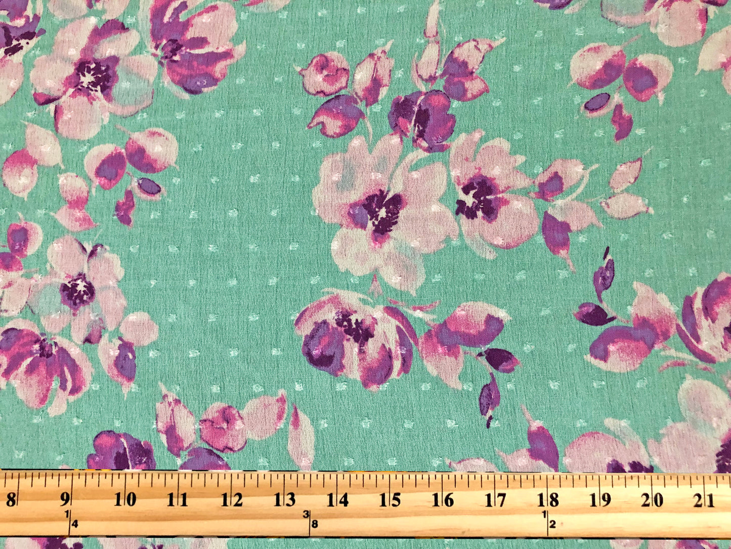 Mint Swiss Dot Rayon Gauze with Purple/Pink Watercolor Florals — 100% Rayon, 52″ Wide — Fabric by the Yard (RGzPR05)