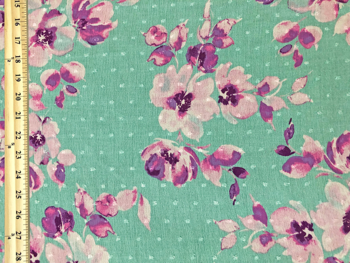 Mint Swiss Dot Rayon Gauze with Purple/Pink Watercolor Florals — 100% Rayon, 52″ Wide — Fabric by the Yard (RGzPR05)