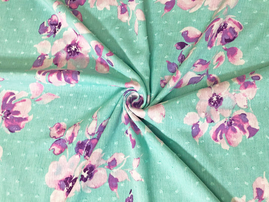 Mint Swiss Dot Rayon Gauze with Purple/Pink Watercolor Florals — 100% Rayon, 52″ Wide — Fabric by the Yard (RGzPR05)