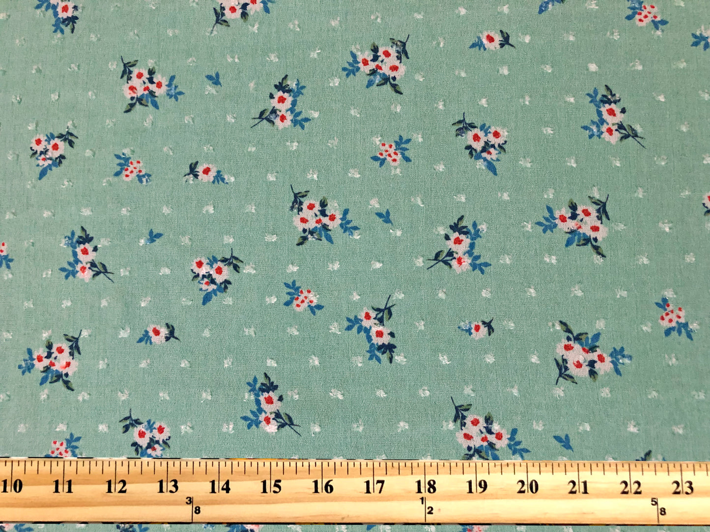 Mint Green Swiss Dot Rayon Gauze – Ditsy Floral, 52″ Wide — Fabric by the Yard (RGzPR01)