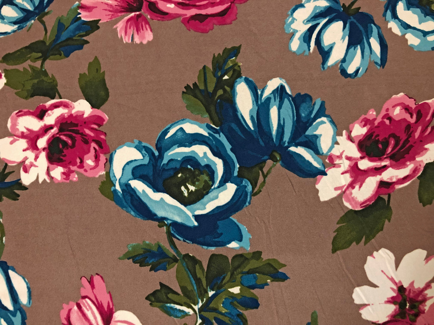 Techno Crepe Knit Fabric – Taupe with Teal & Fuchsia Roses, White Accents – 4-Way Stretch, 56" Wide, 240 GSM, Silky Drape – Sold by the Yard (TCRP039)