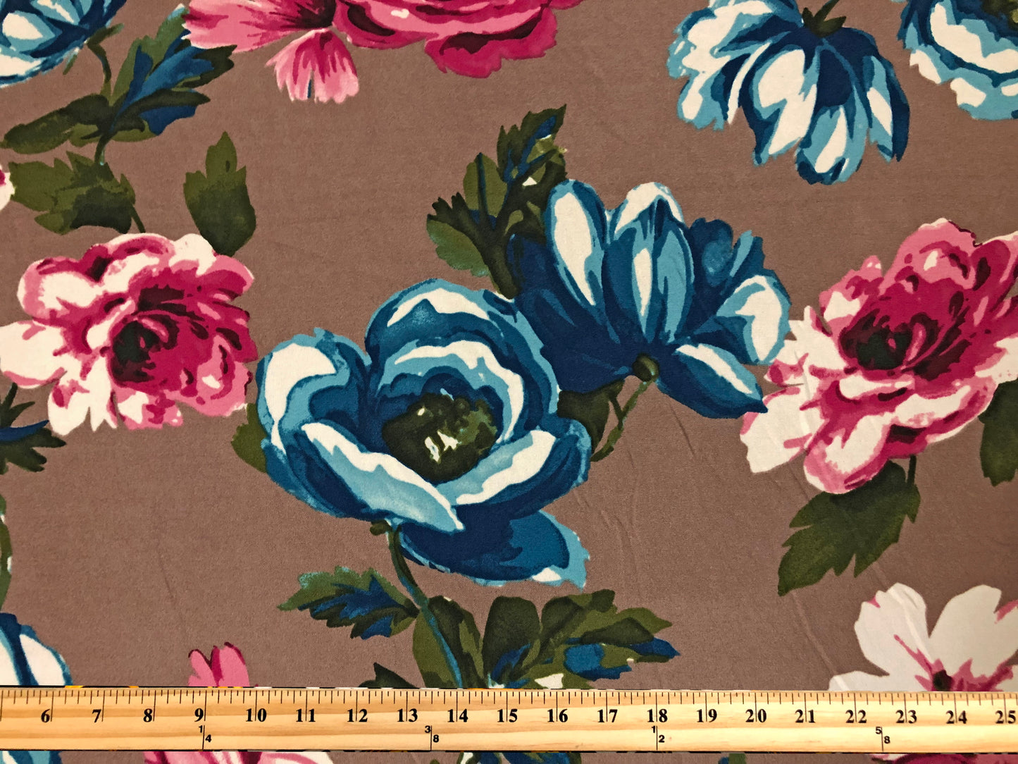 Techno Crepe Knit Fabric – Taupe with Teal & Fuchsia Roses, White Accents – 4-Way Stretch, 56" Wide, 240 GSM, Silky Drape – Sold by the Yard (TCRP039)