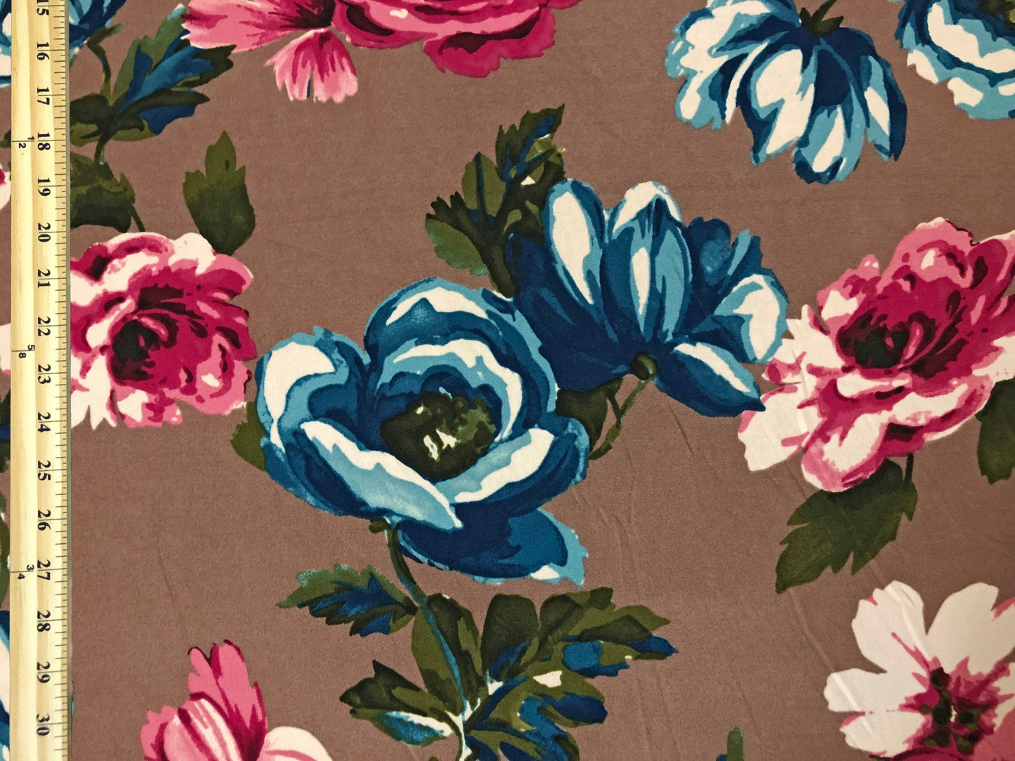 Techno Crepe Knit Fabric – Taupe with Teal & Fuchsia Roses, White Accents – 4-Way Stretch, 56" Wide, 240 GSM, Silky Drape – Sold by the Yard (TCRP039)