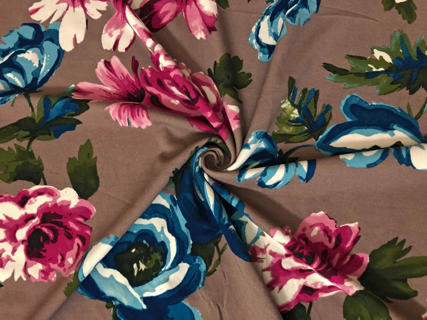 Techno Crepe Knit Fabric – Taupe with Teal & Fuchsia Roses, White Accents – 4-Way Stretch, 56" Wide, 240 GSM, Silky Drape – Sold by the Yard (TCRP039)