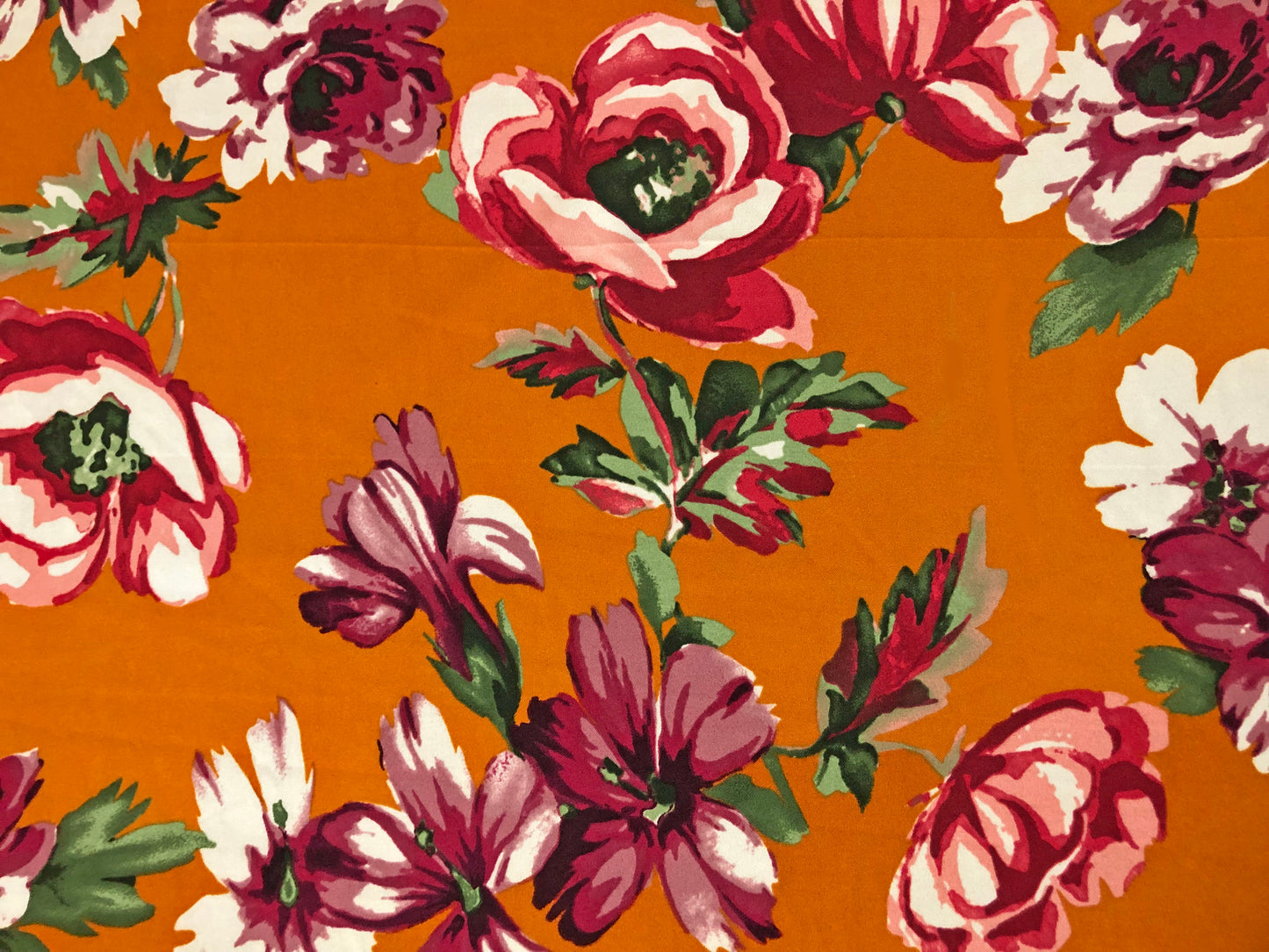 Crepe Knit Fabric – Deep Mustard with Rose, Blush & Burgundy Florals, Green Leaves – 4-Way Stretch, 56" Wide, 240 GSM, Silky Drape – Sold by the Yard (TCRP040)
