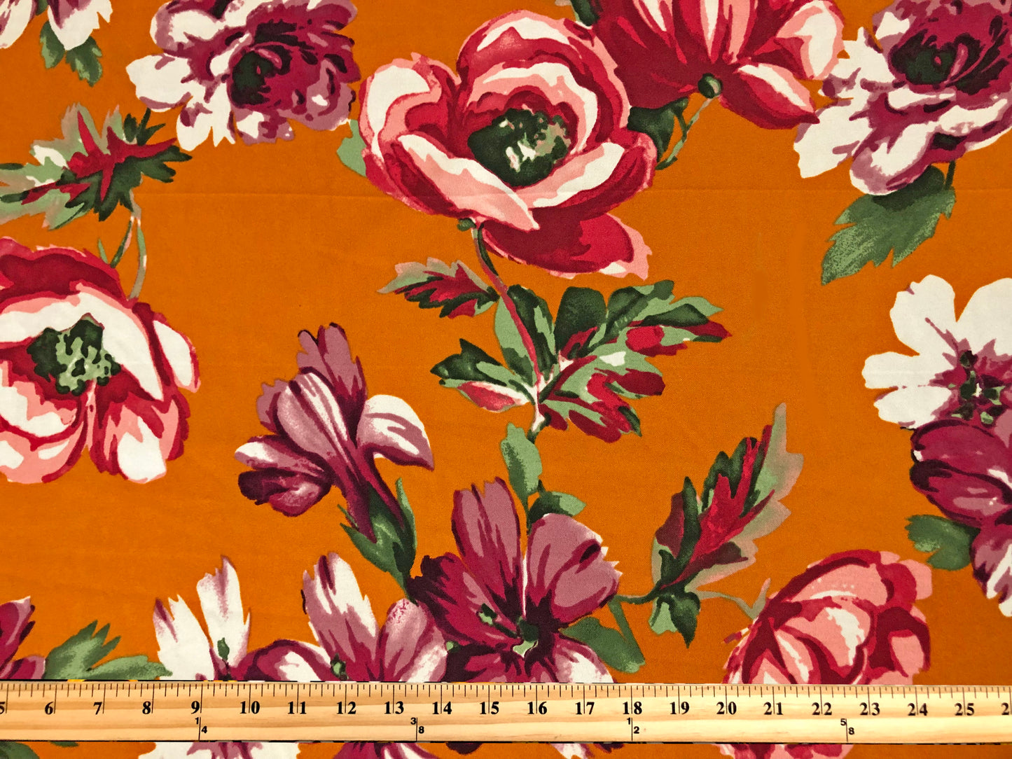 Crepe Knit Fabric – Deep Mustard with Rose, Blush & Burgundy Florals, Green Leaves – 4-Way Stretch, 56" Wide, 240 GSM, Silky Drape – Sold by the Yard (TCRP040)